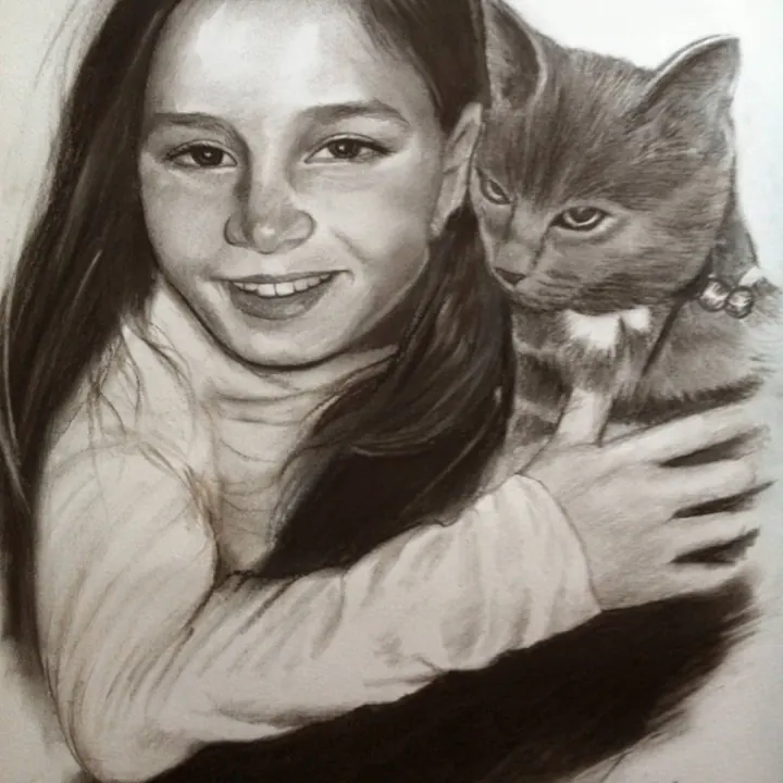 Bambina con il suo gatto, carboncino